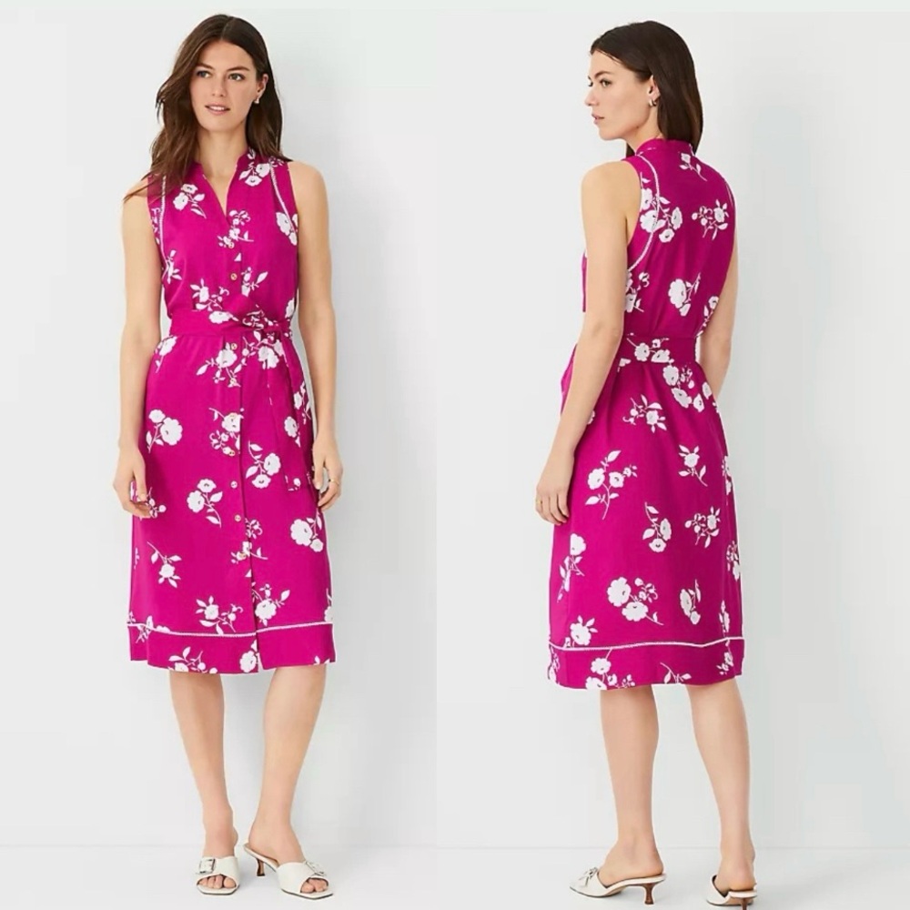 Ann Taylor Petite Floral Split Neck Midi Shirtdress